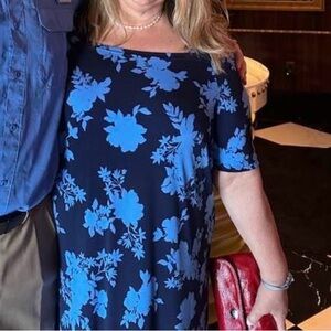 Roaman's Navy and Light Blue Floral Maxi Dress! Great for resort night out!